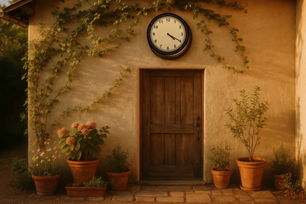 A vintage analog clock set permanently to 4:20, mounted above the weathered wooden door of a golden-hour cottage with trailing vines and potted plants